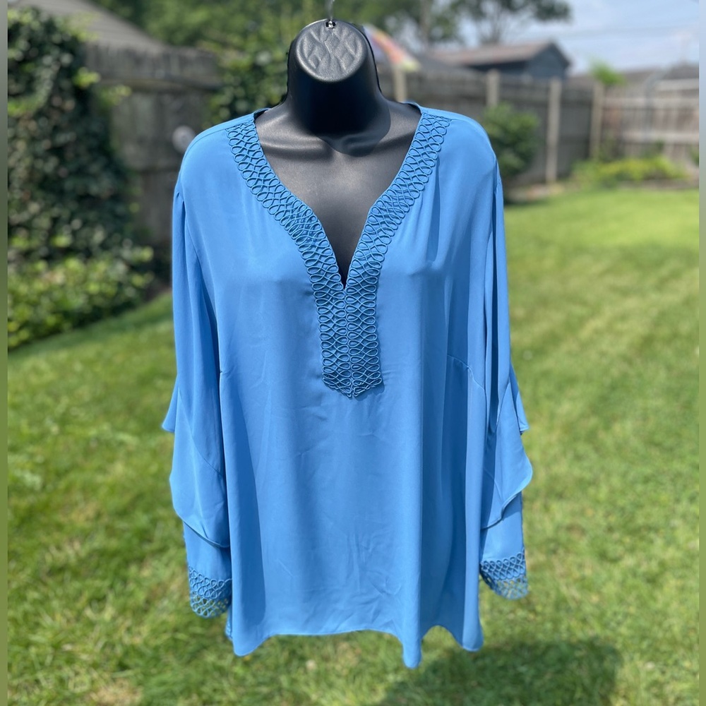 Alfani womens blouse plus size‎ 3X blue lattice flutter tiered sleeves V neck